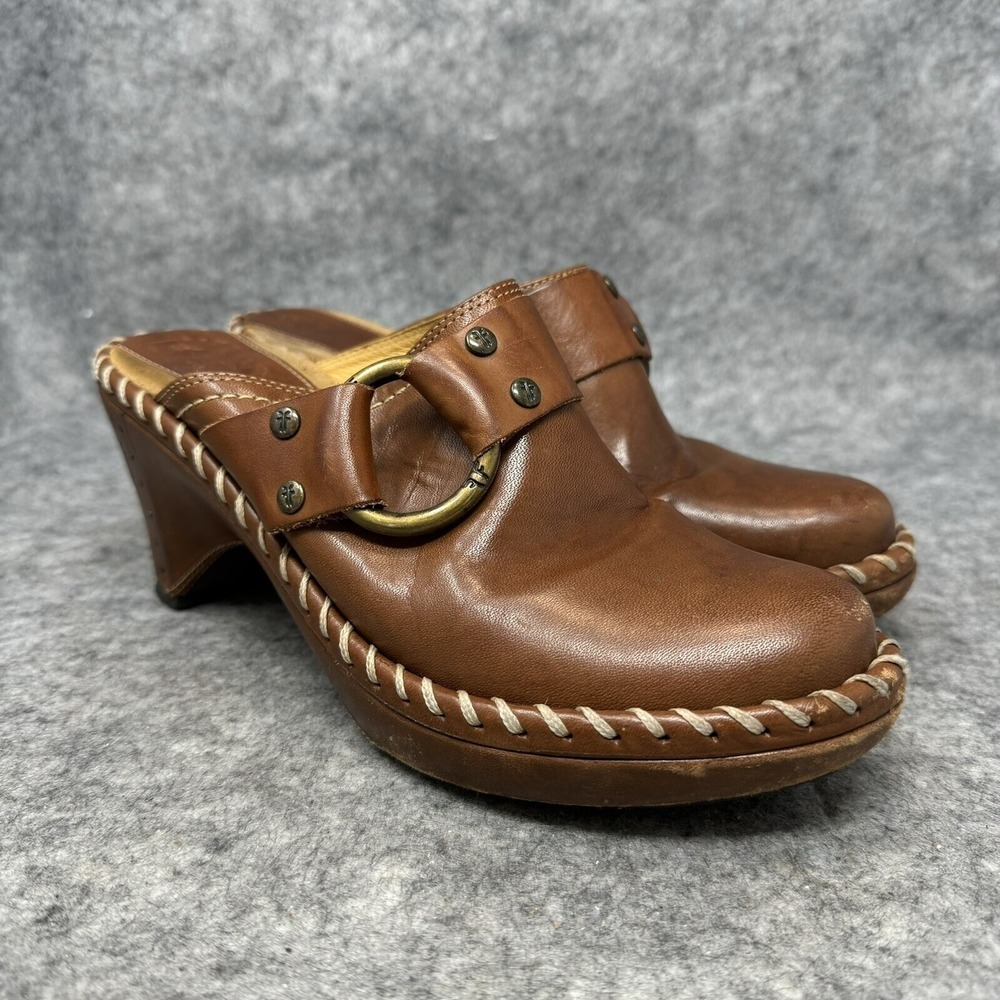 Frye Clogs Shoes Womens Size 6.5 Charlotte Brown Leather Boho Wedge Hippie Y2K